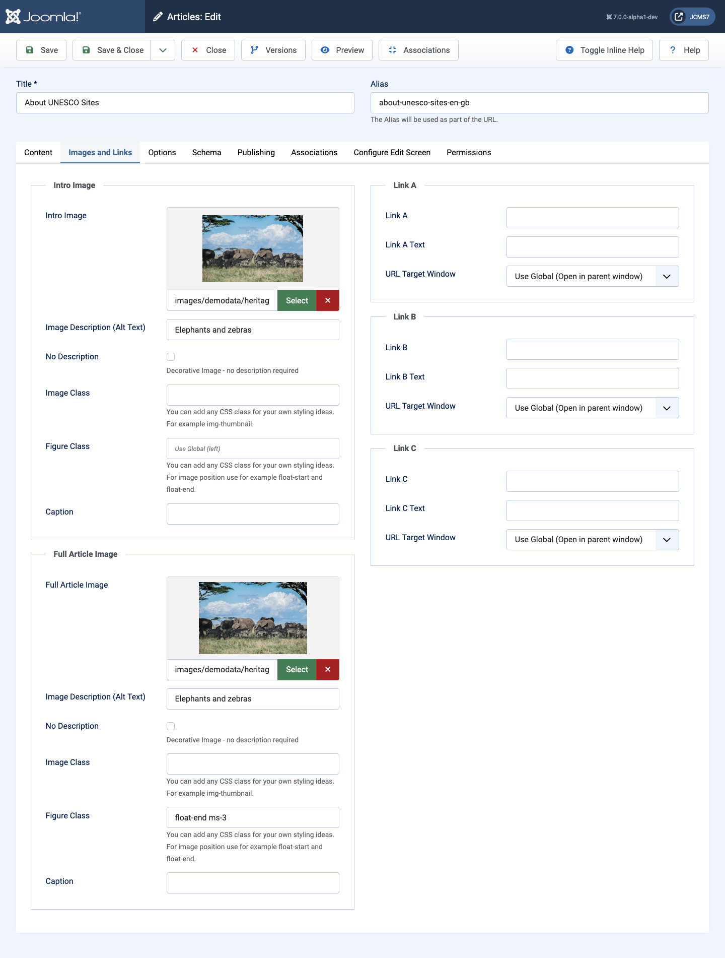 Articles edit images and links tab