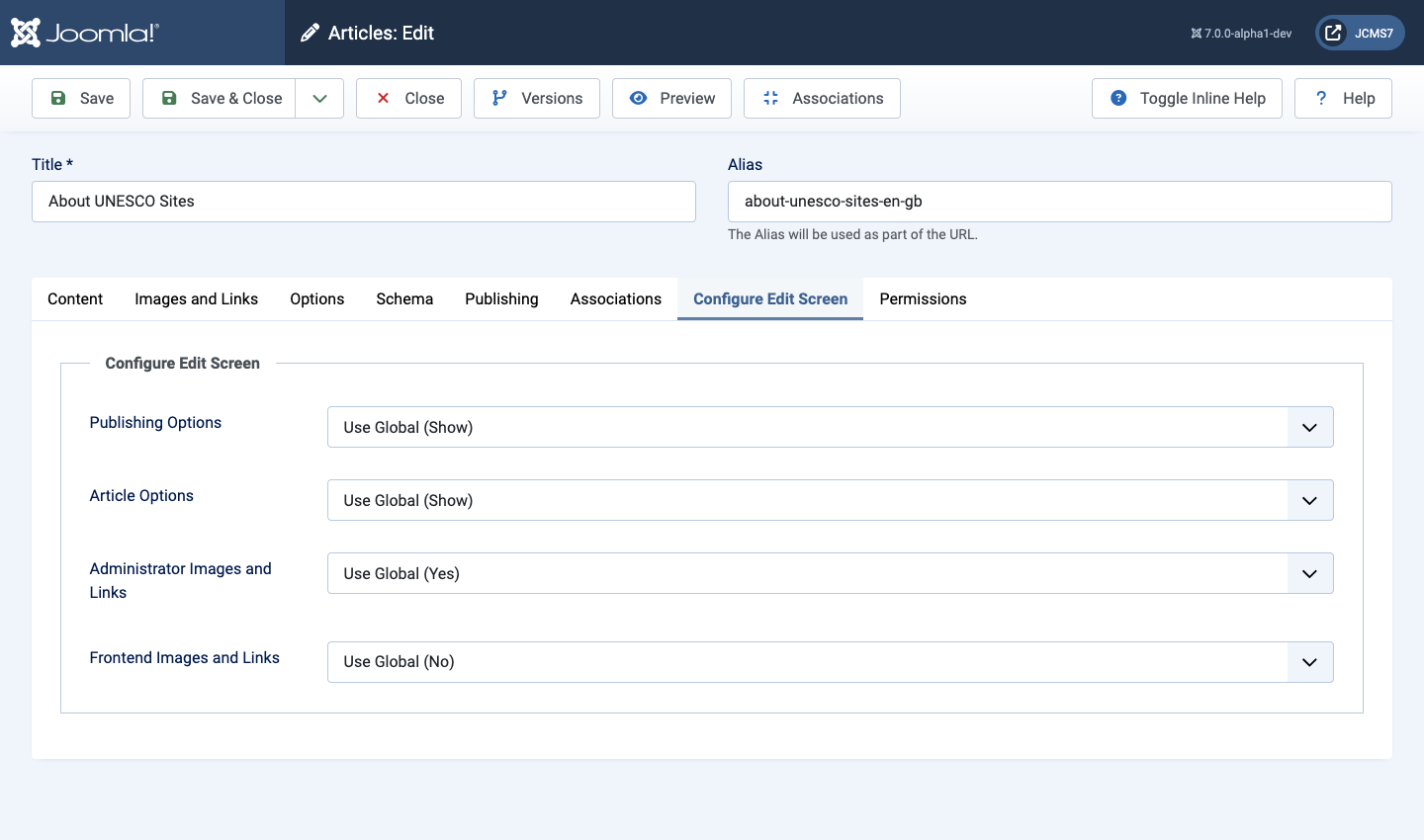 Configure edit screen tab