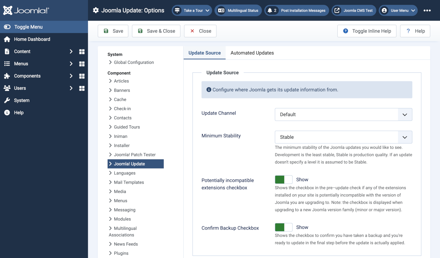 Joomla Update Options Update Source