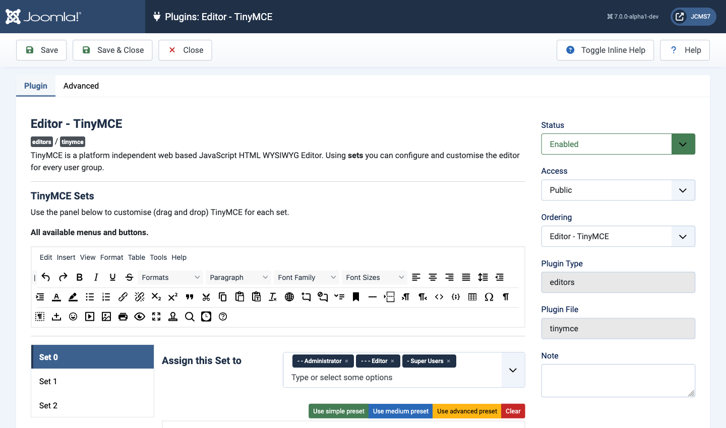 The TinyMCE plugin options form
