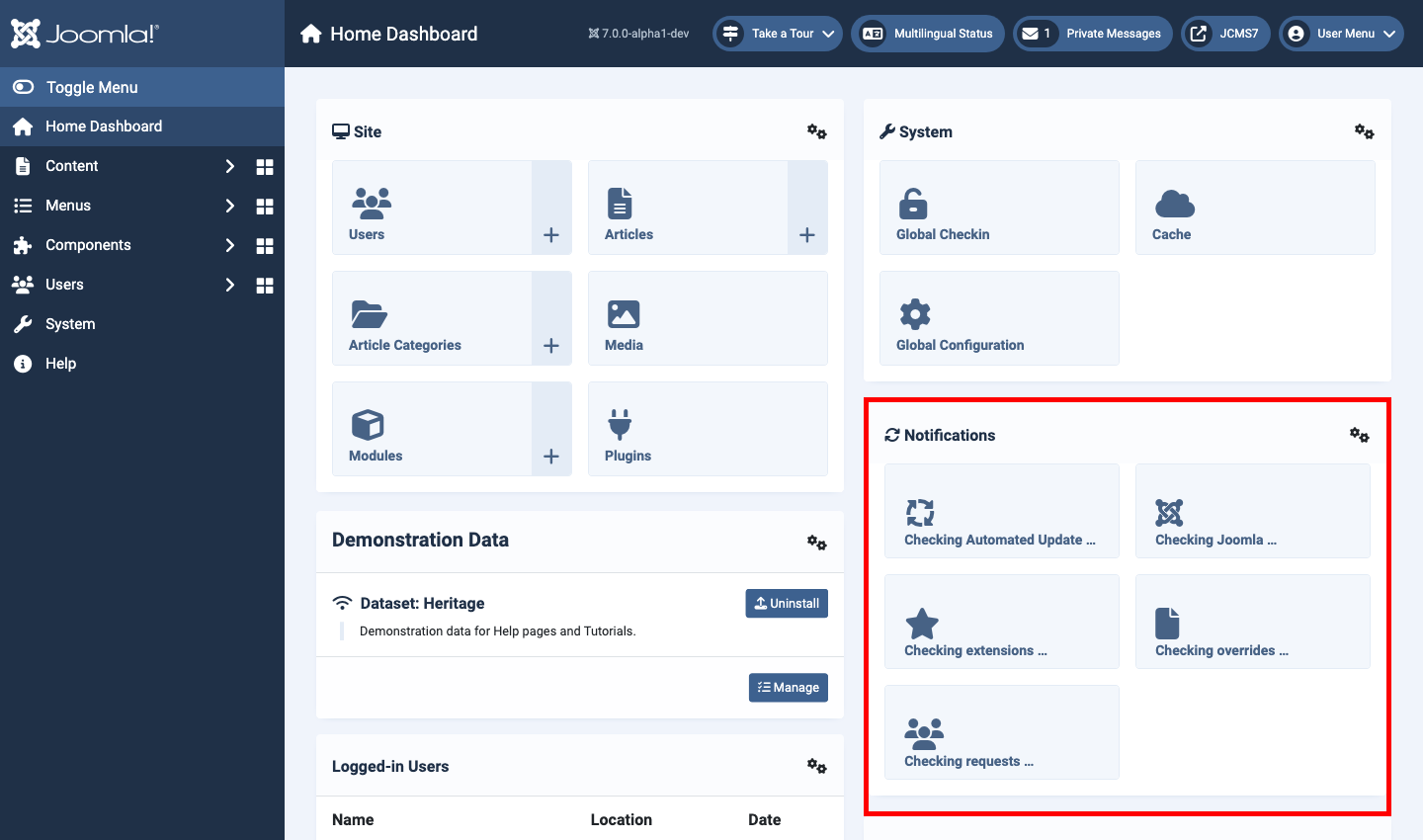 Home dashboard upate checks panel