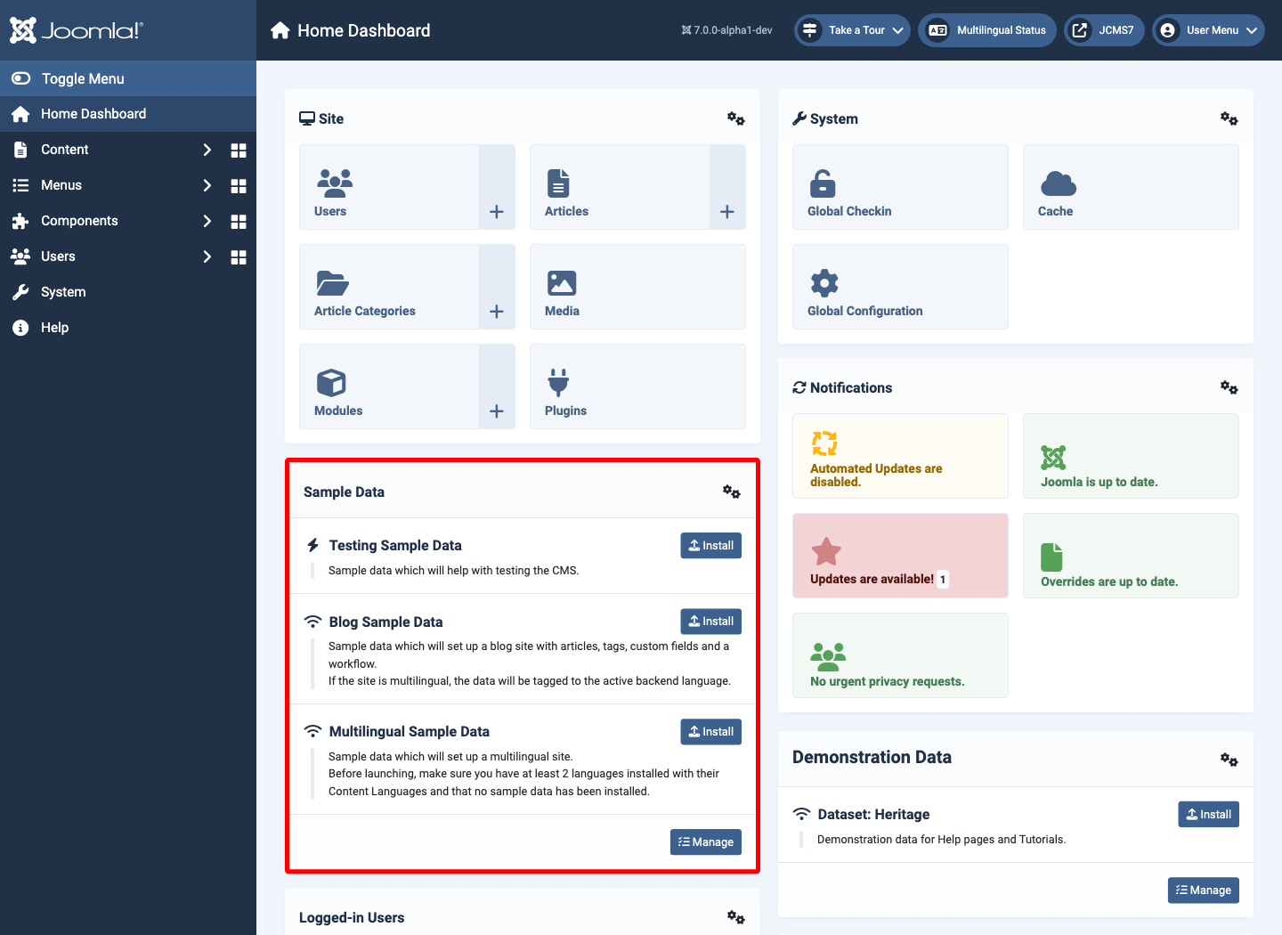 Sample data panel in the home dashboard