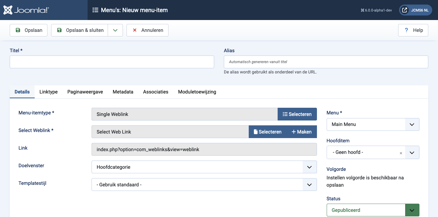 Menu-item weblinks dien een webkoppeling in