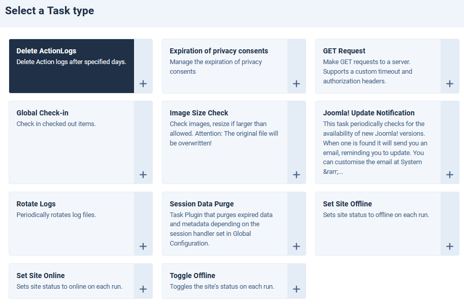 Screenshot of available task plugins.