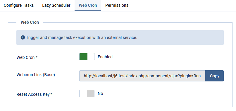 Screenshot options: Web Cron tab.