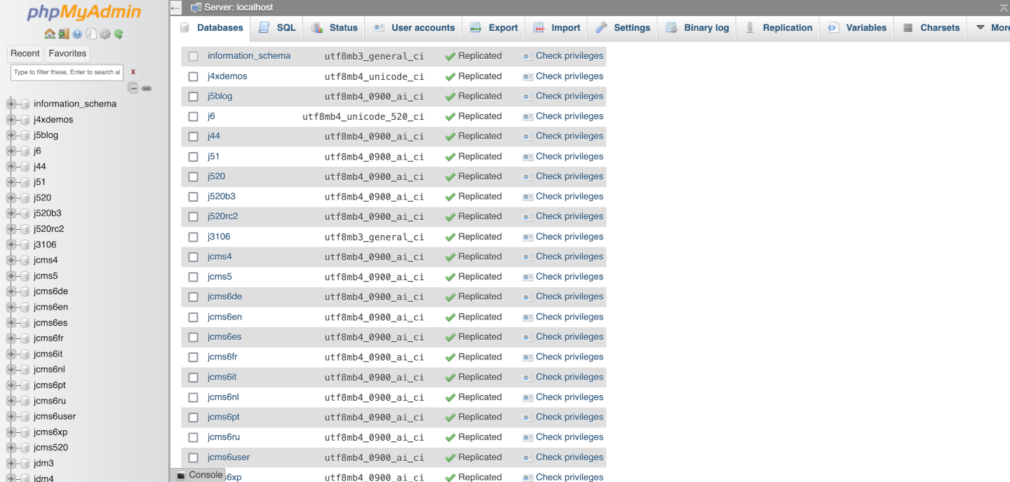 Phypadmin screenshot of list of databases