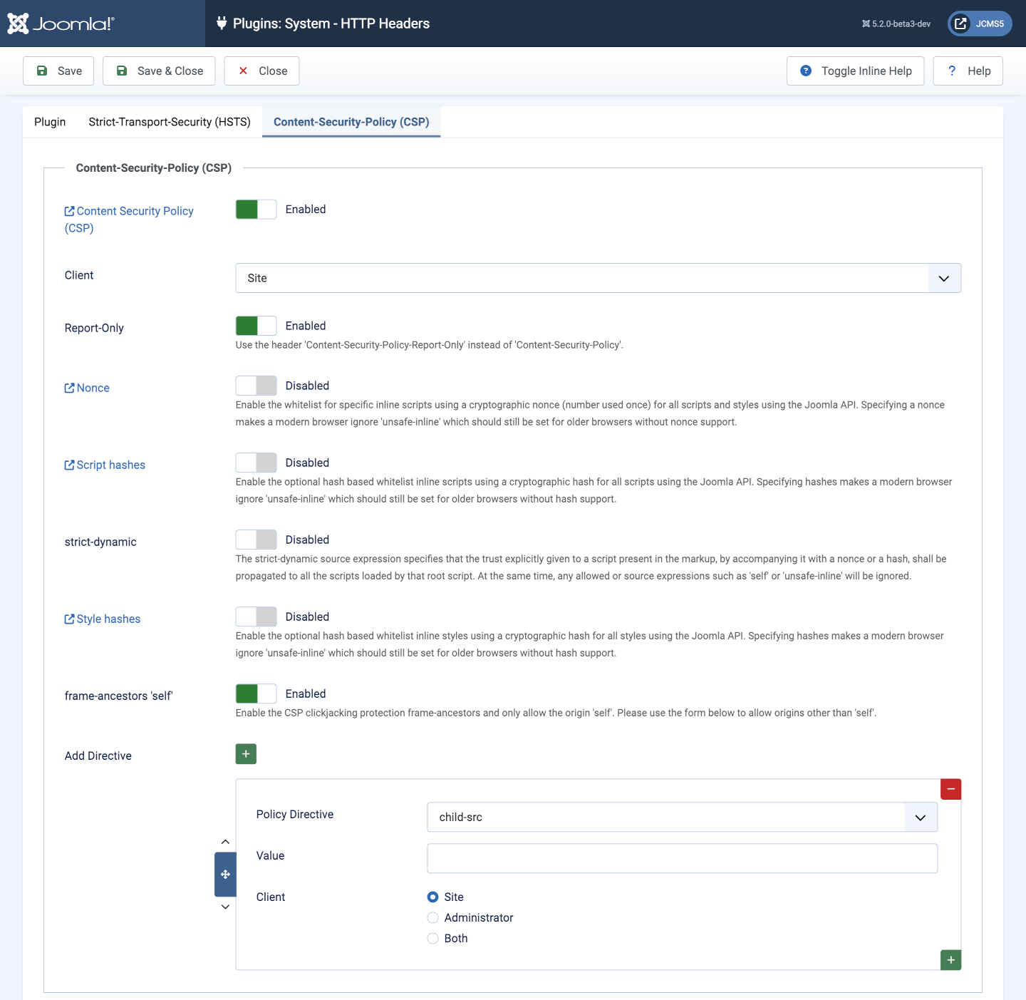 Content security policy options