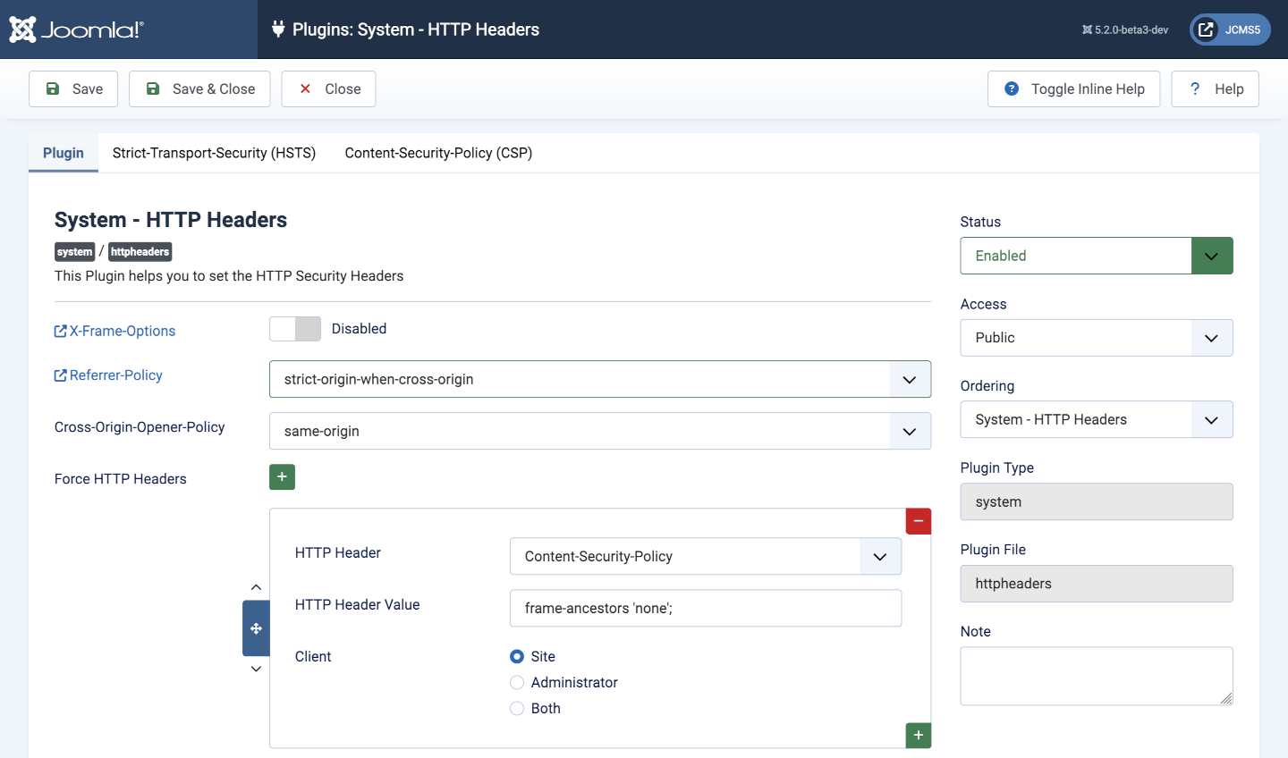 System http headers plugin form