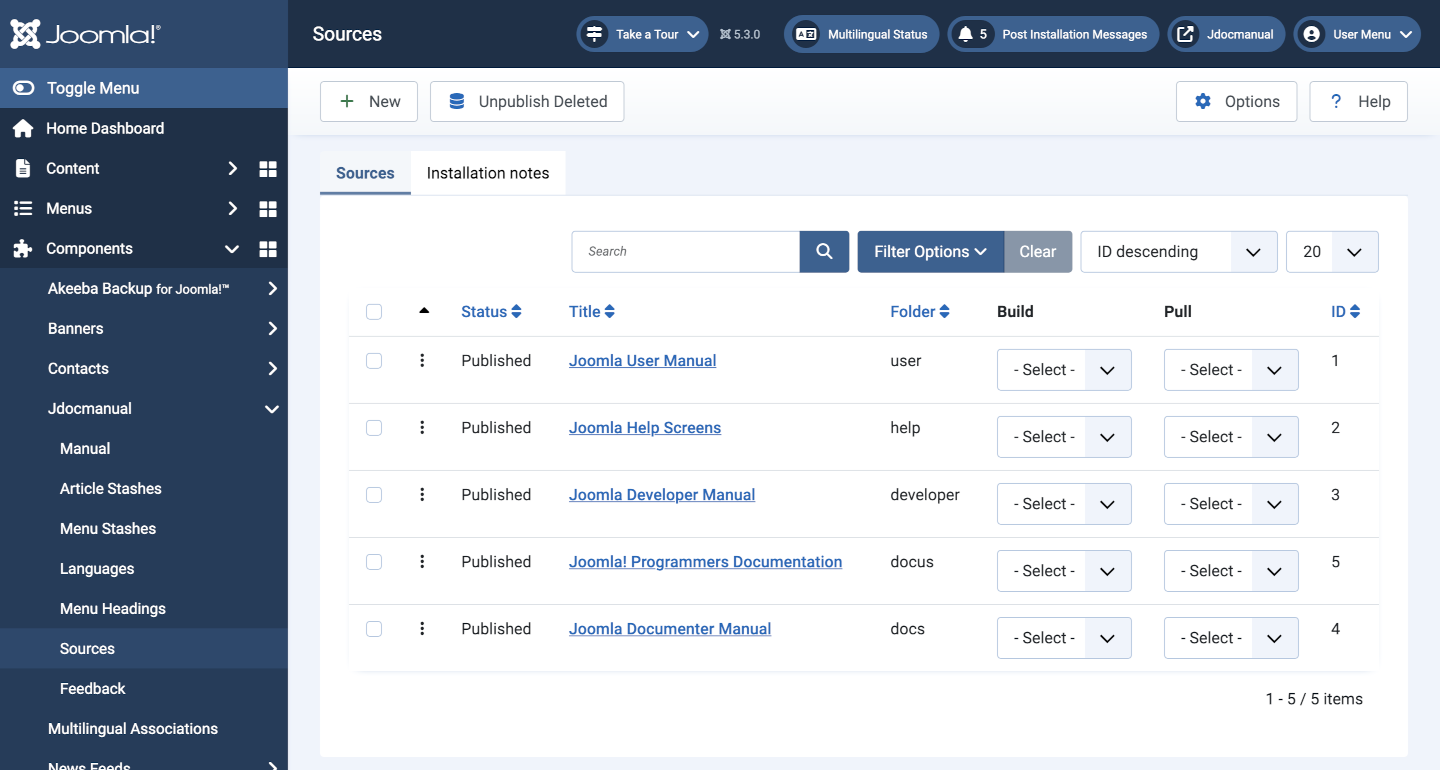 jdocmanual live site administrator sources view