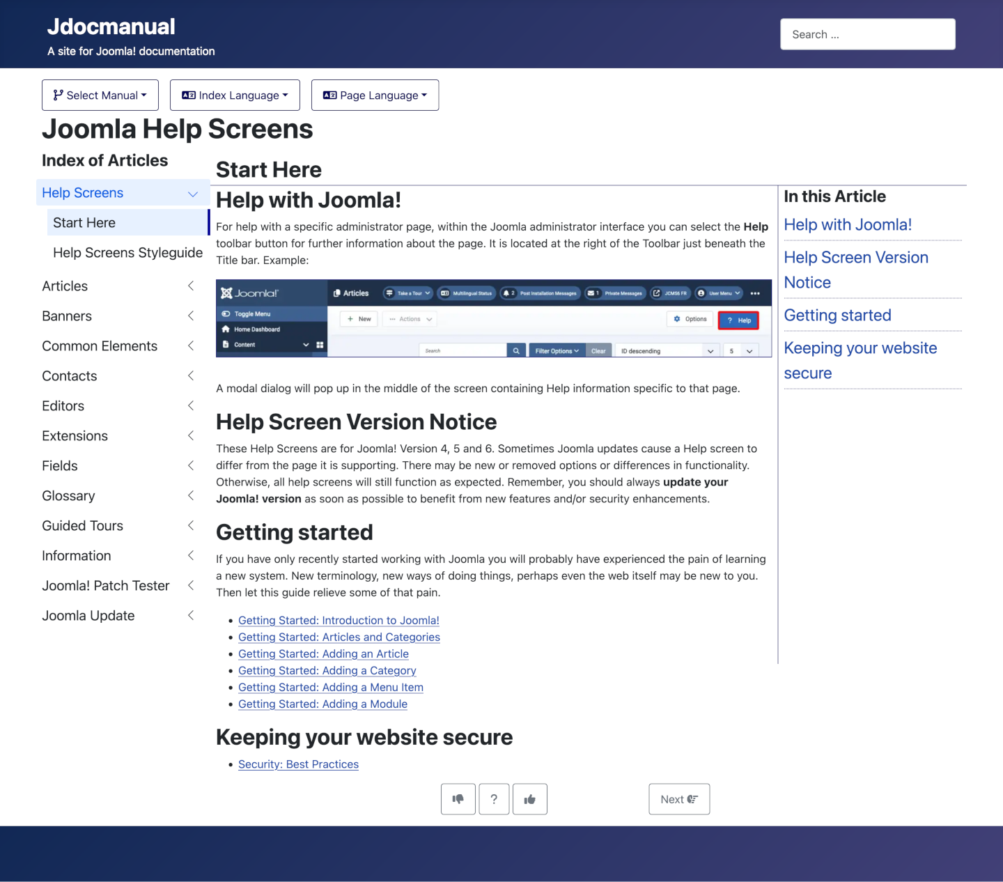 joomla help screens