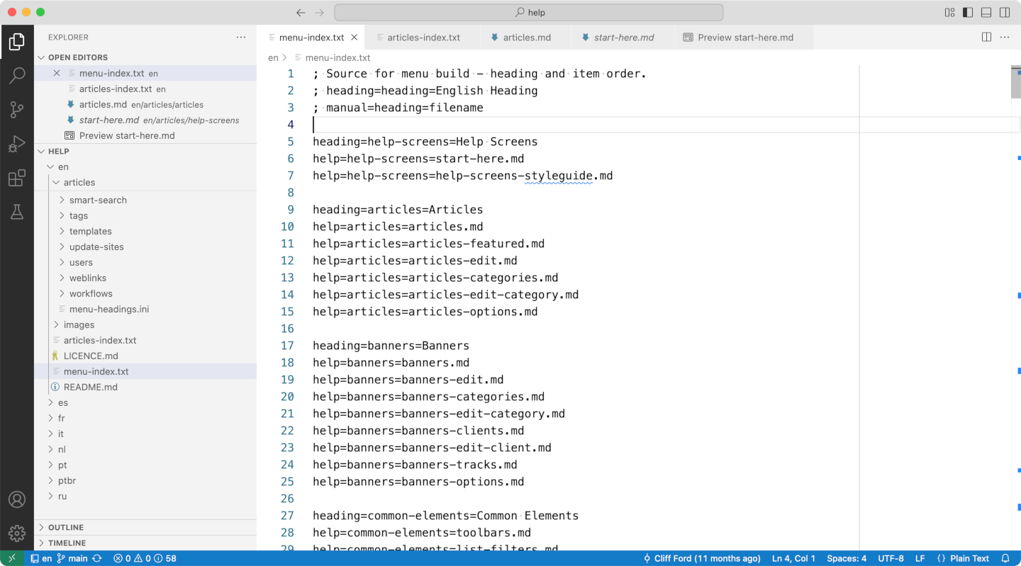 help menu index