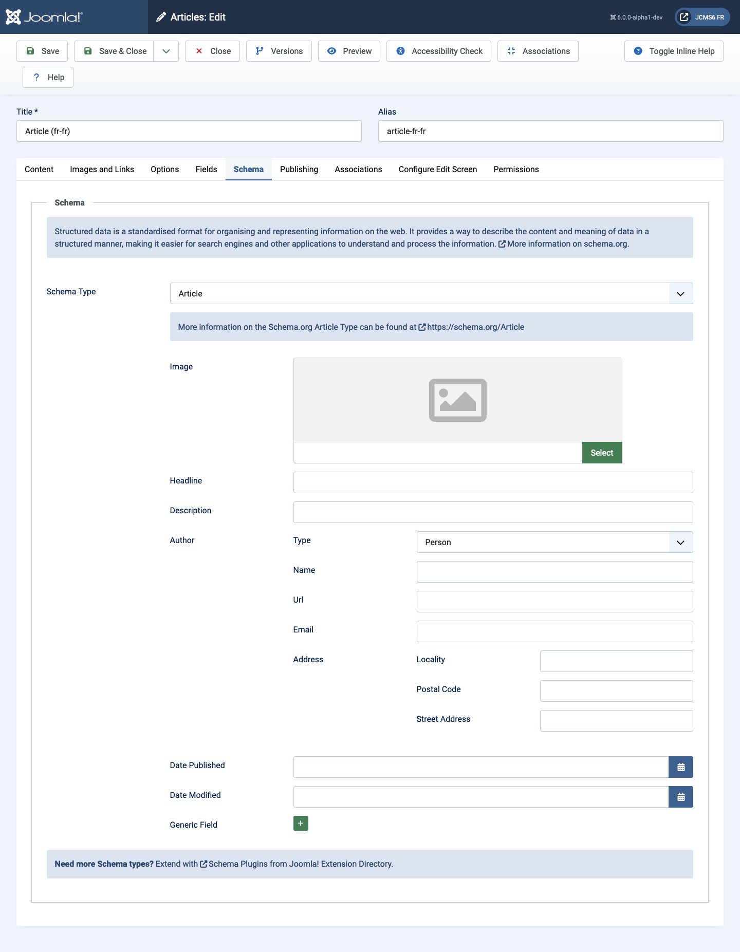 Schema tab with article option selected