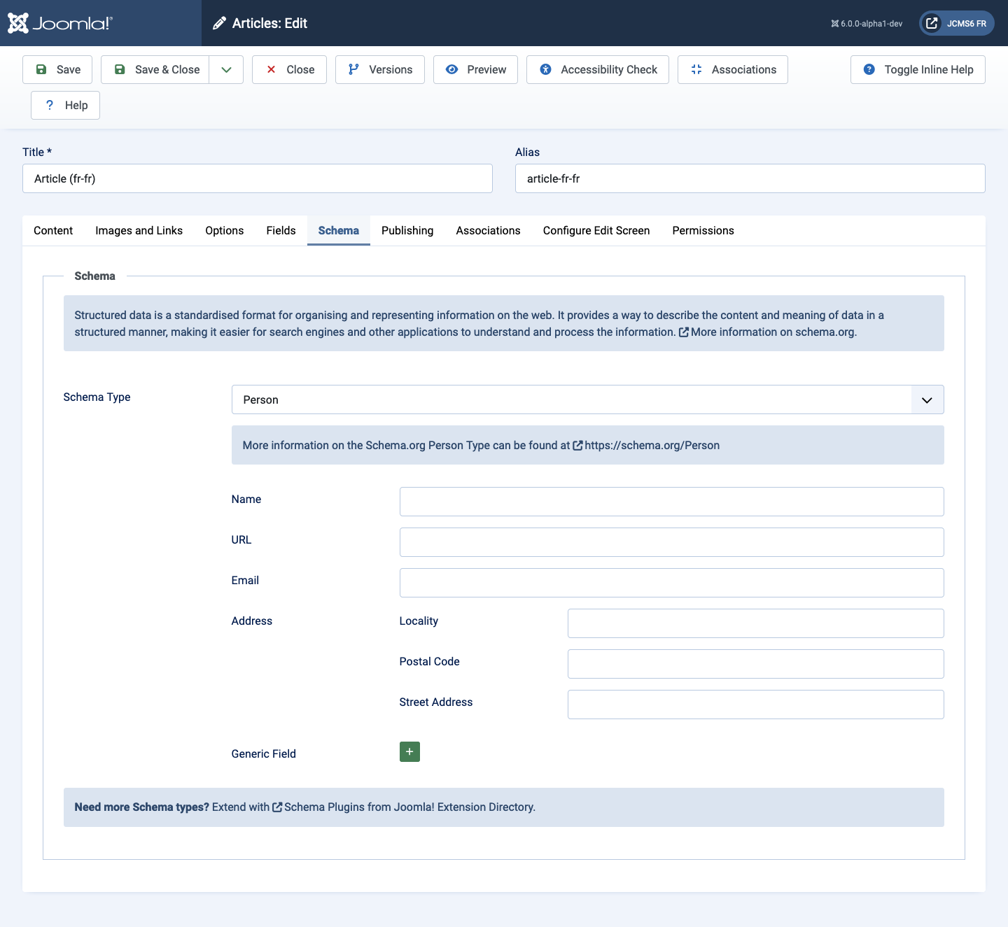 Schema tab with person option selected