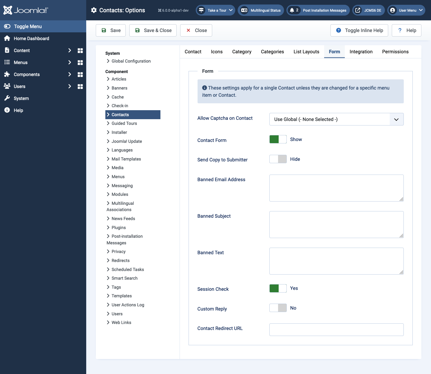 Contacts options form tab