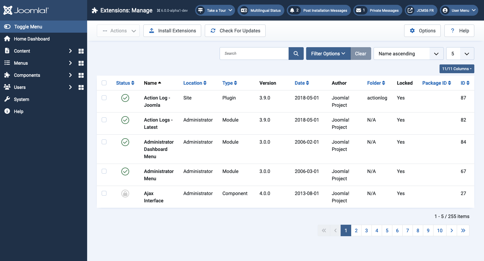 Extensions manage list