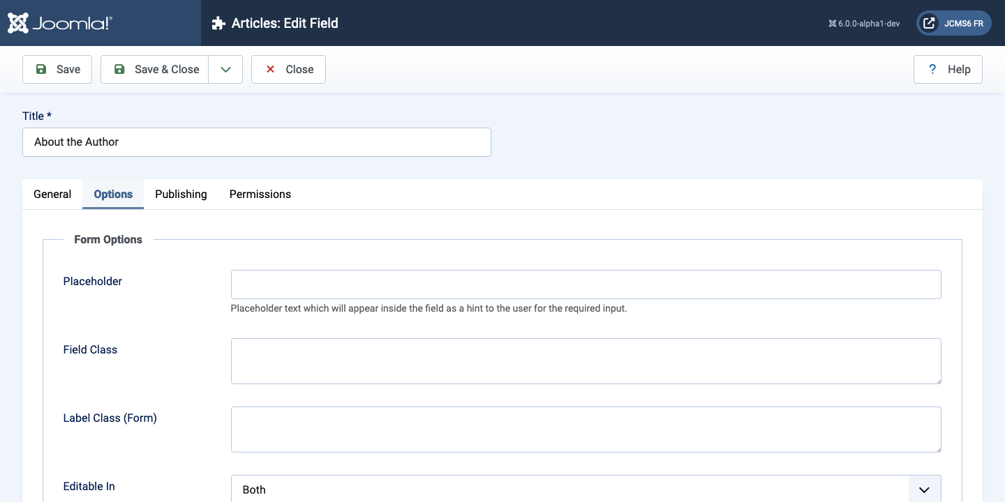 Articles edit field options tab