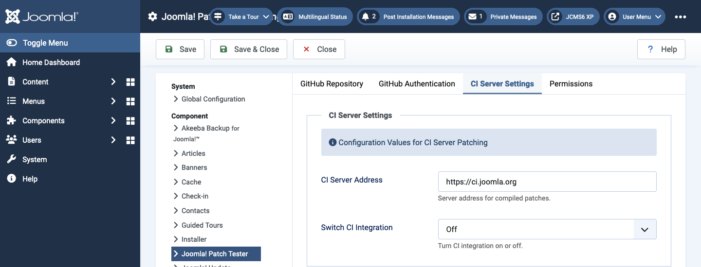 Patchtester Options github ci server settings tab