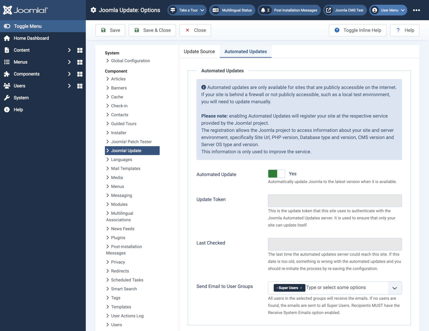 Joomla Update Options Update Source