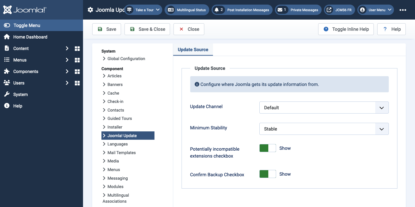 Joomla Update Options