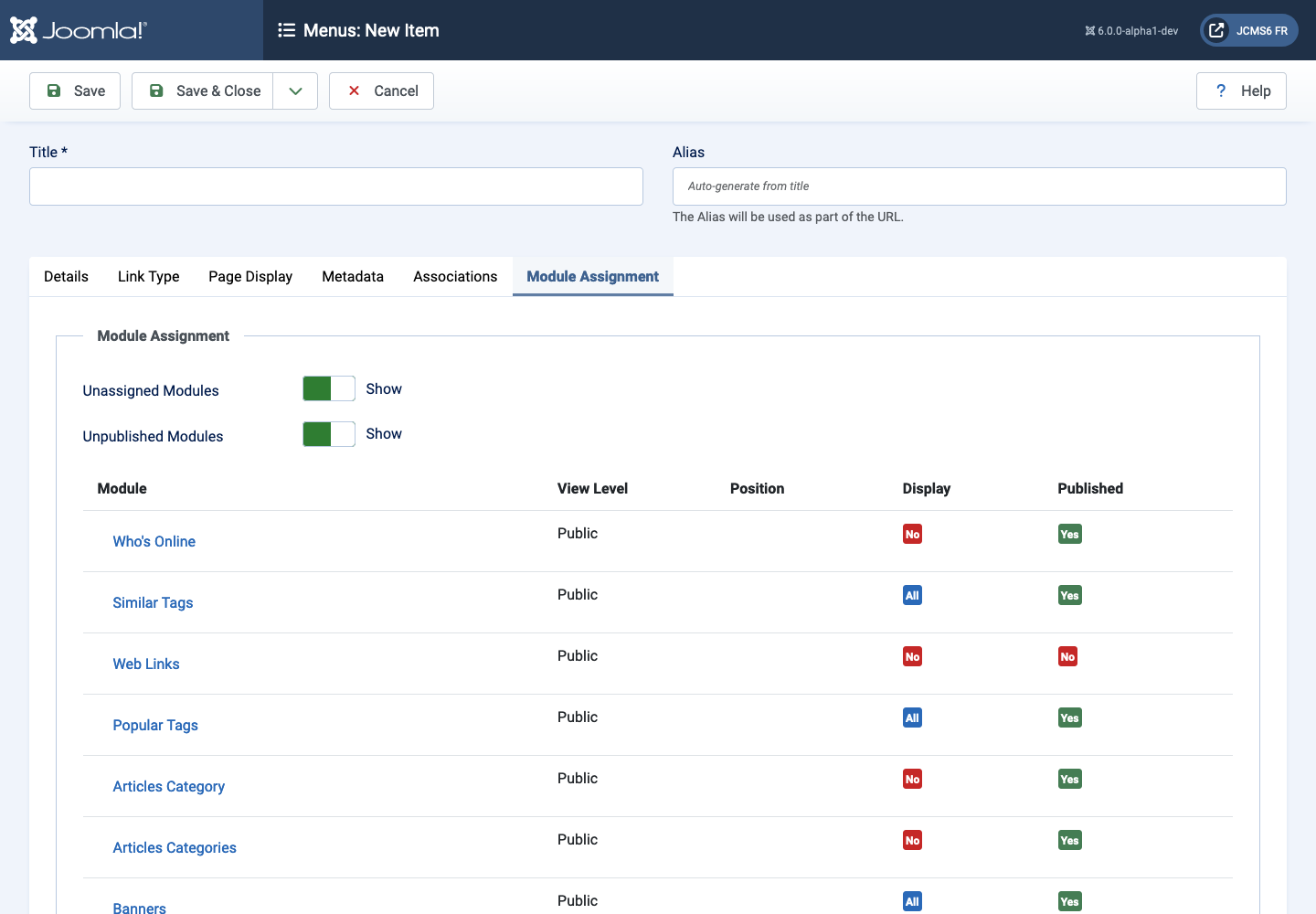 menu item module assignment tab