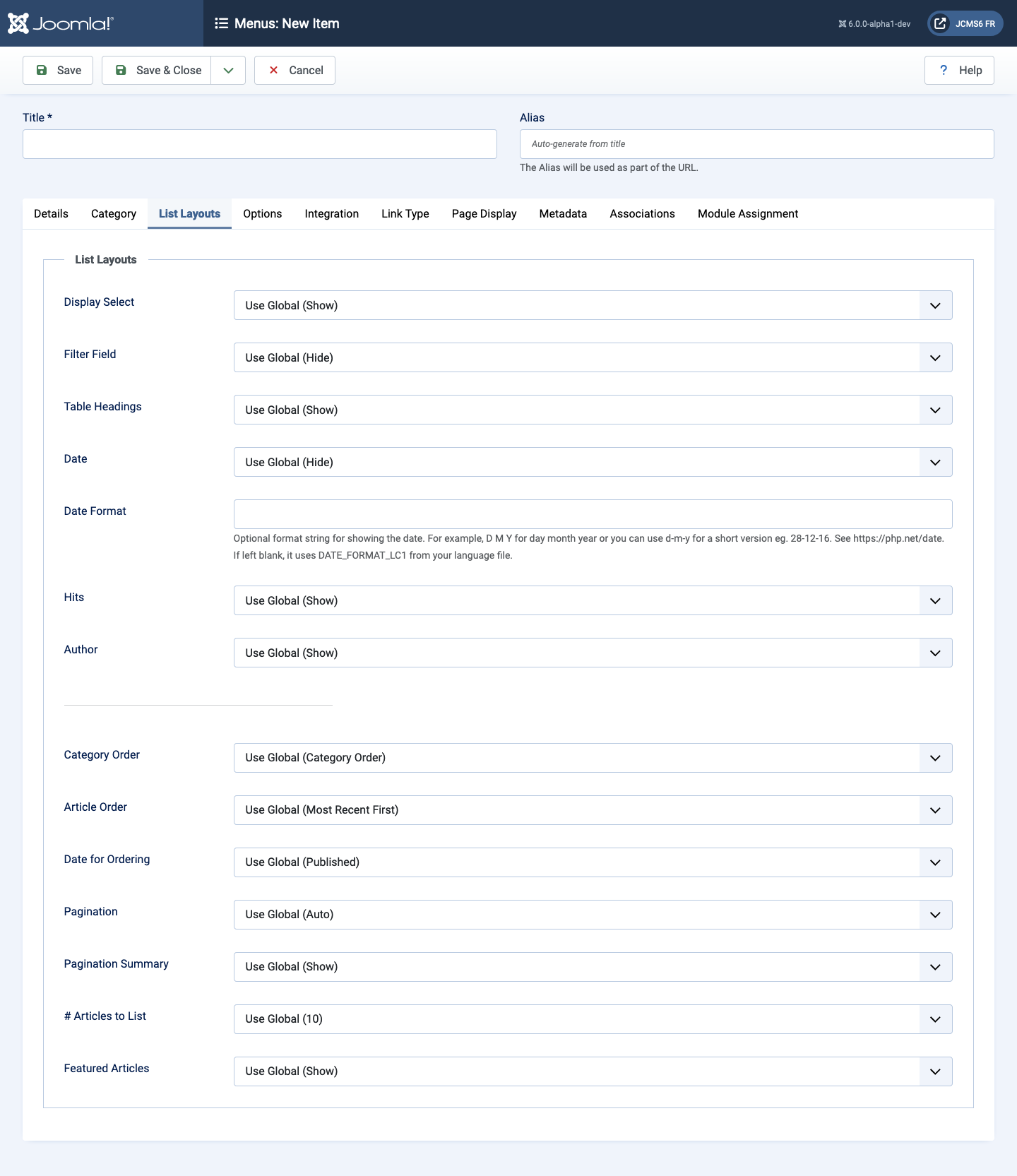 Menu Item type Category List - list layouts tab