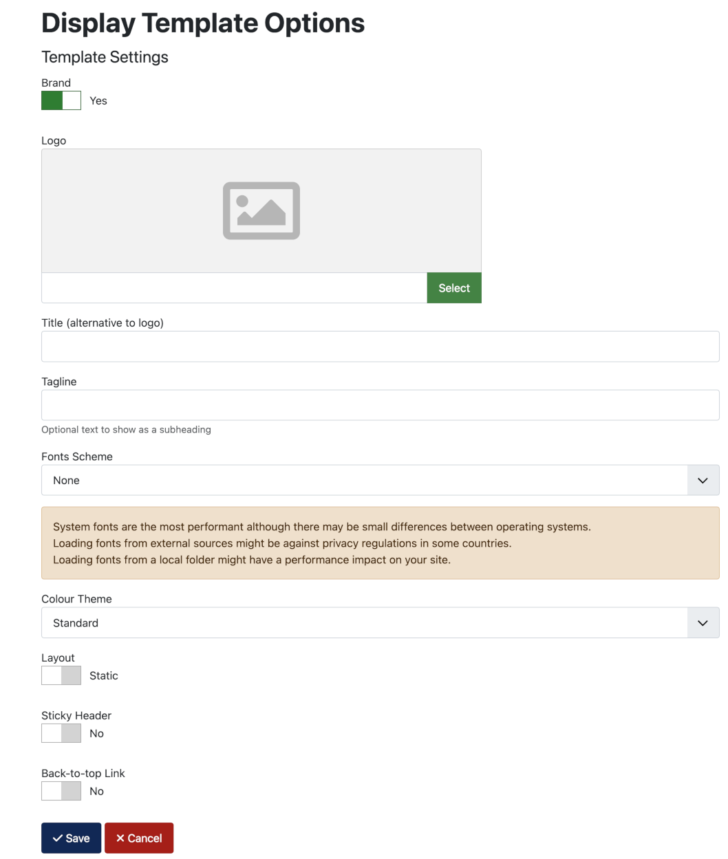 Display template options front end form