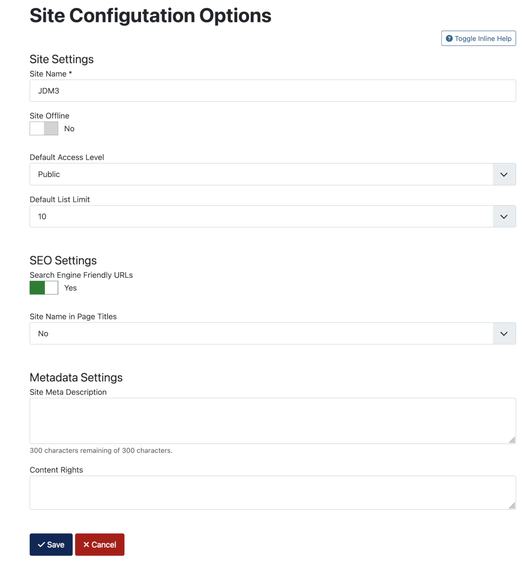 Site configuration options front end form