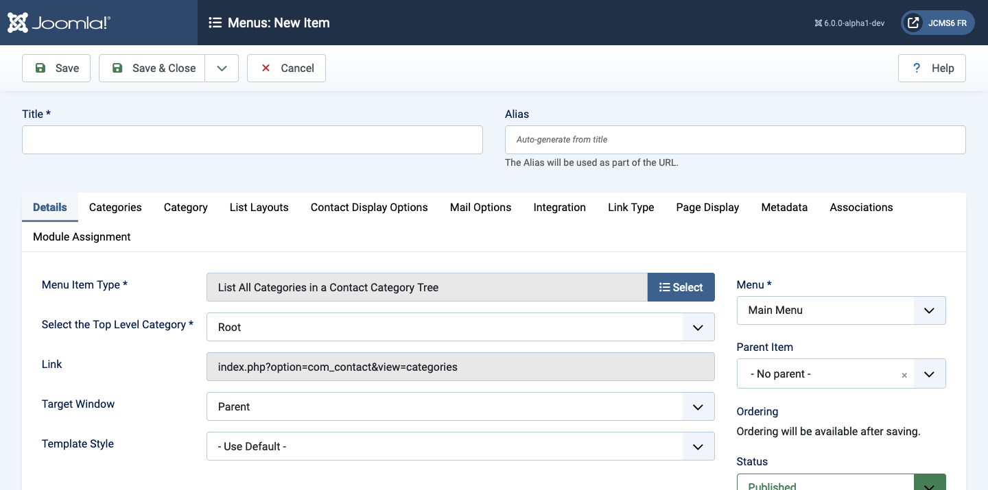 Menu Item Contacts List All Categories tree details tab