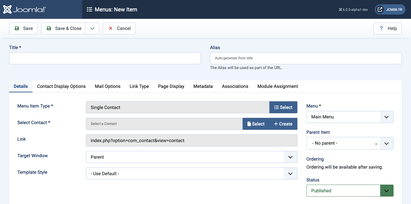 Menu Item Single contact details tab