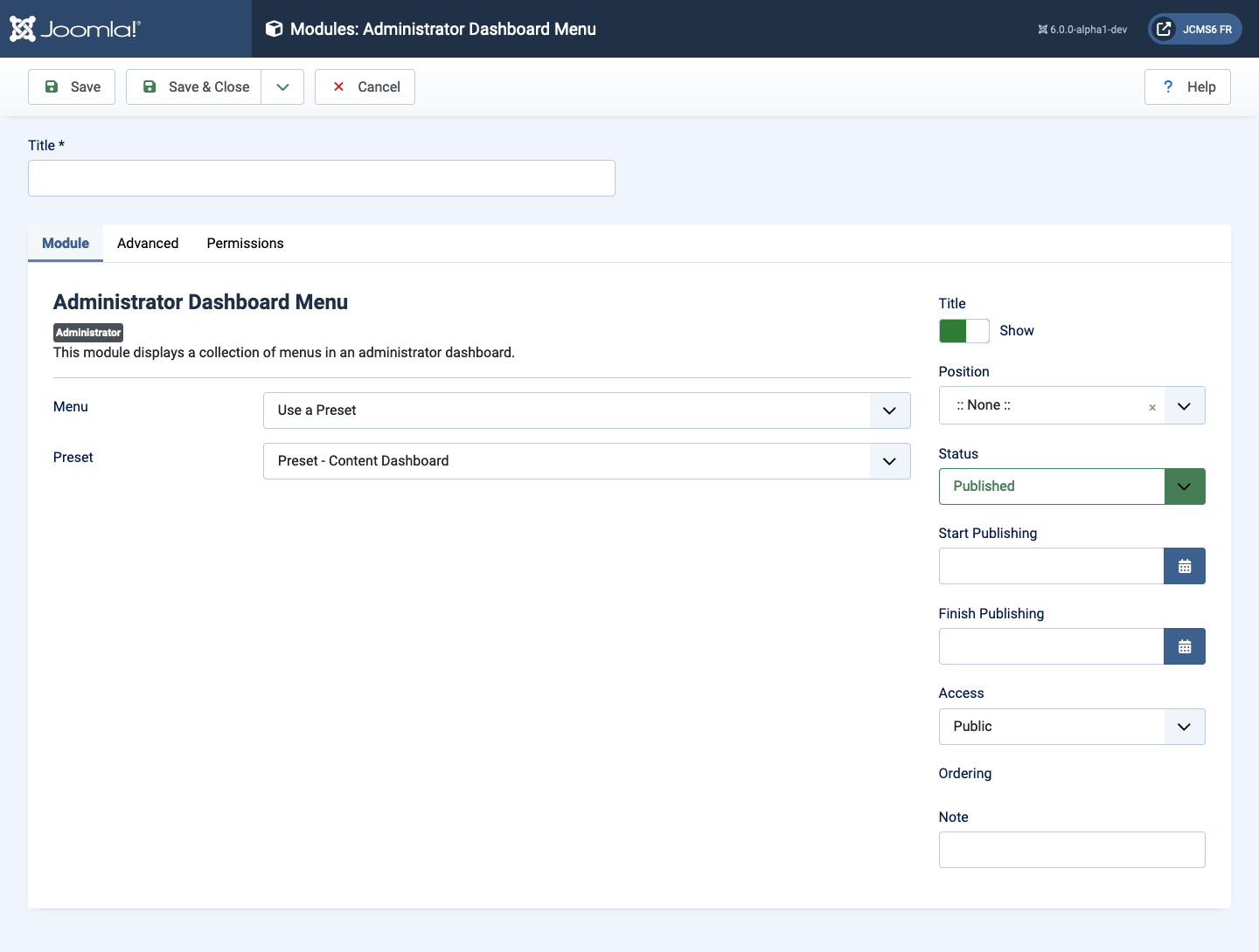 modules administrator dashboard menu module tab