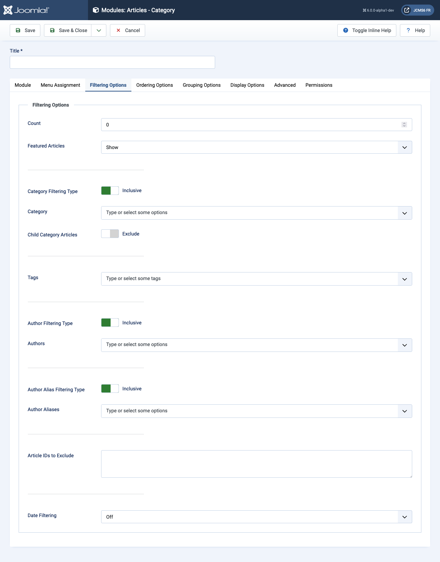 articles category filtering options tab