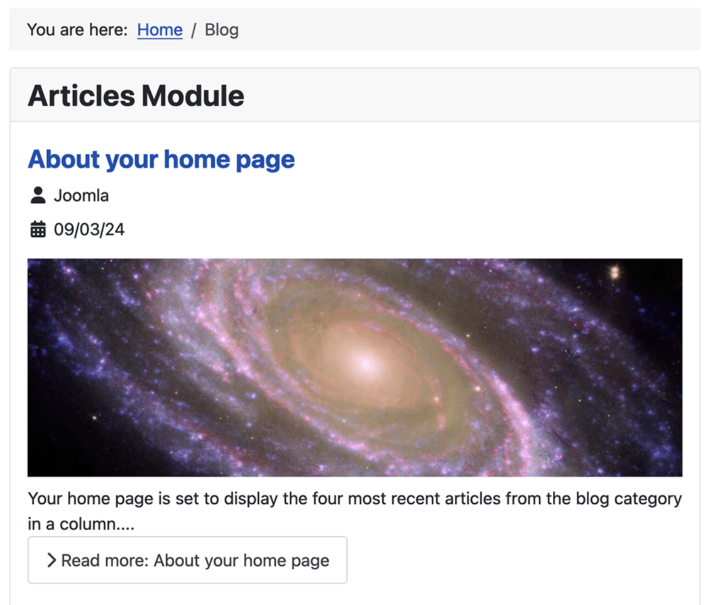 Site screenshot of module with article intro text, image and read more