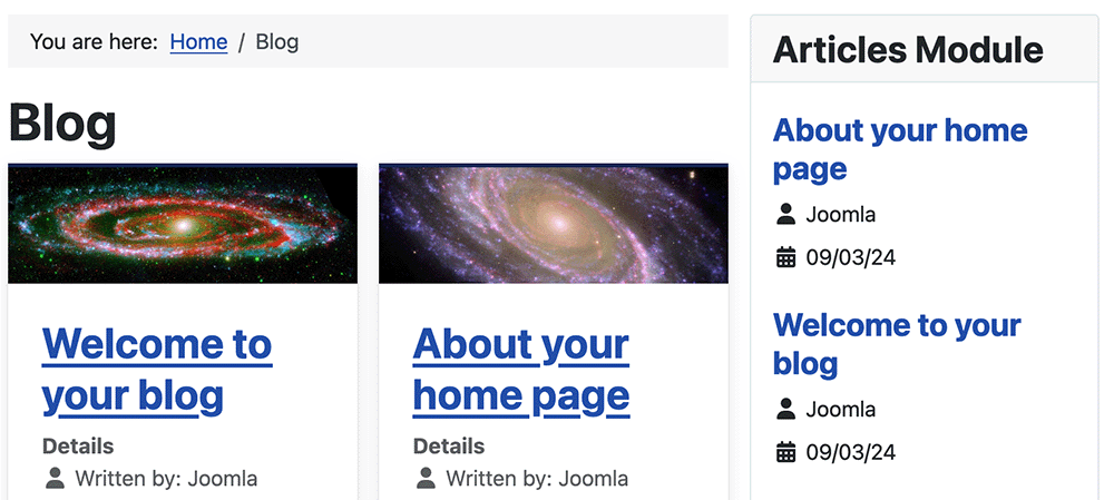 Site screenshot of module with article titles author and date