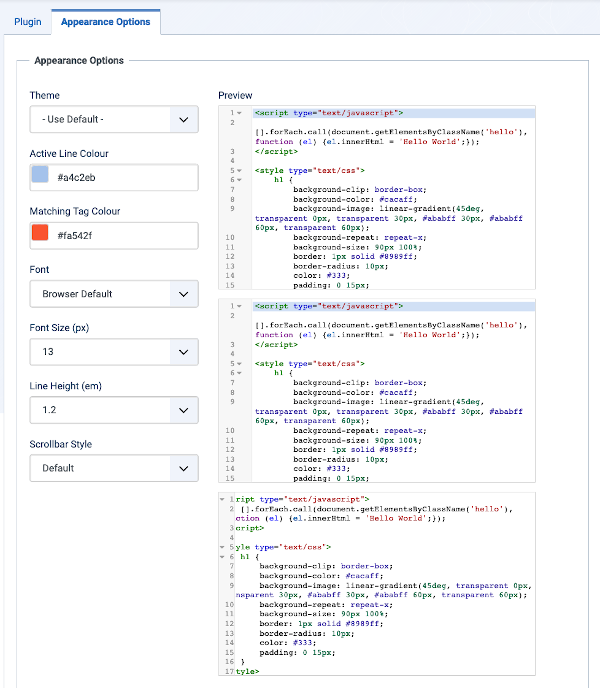 Code mirror advanced options form