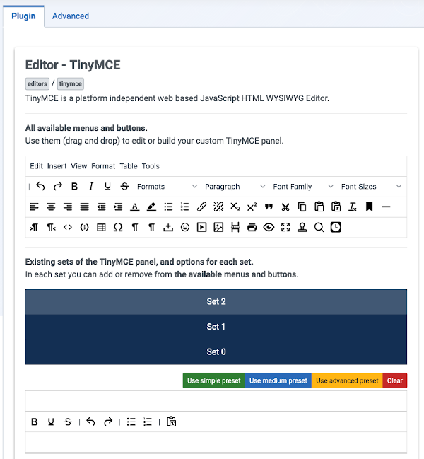 The TinyMCE plugin options form