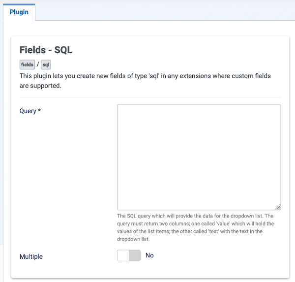 Fields SQL plugin form