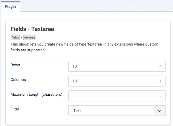 Fields textarea plugin form