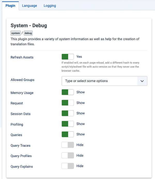 System debug form plugin tab