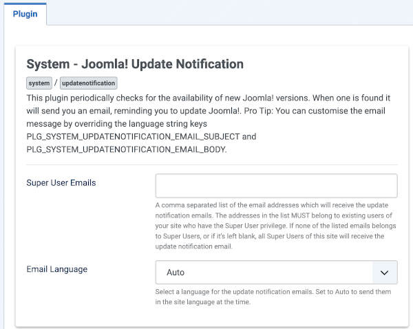 System joomla update notification form