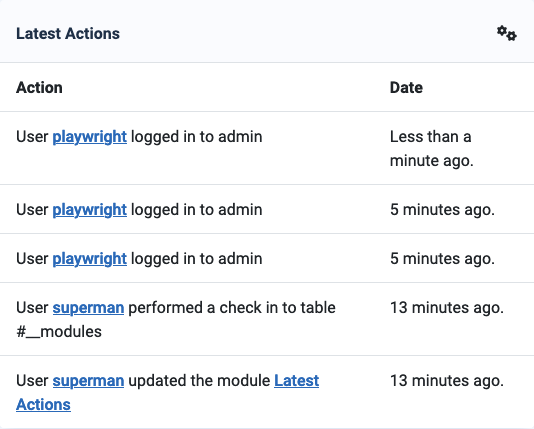 Home dashboard latest actions panel