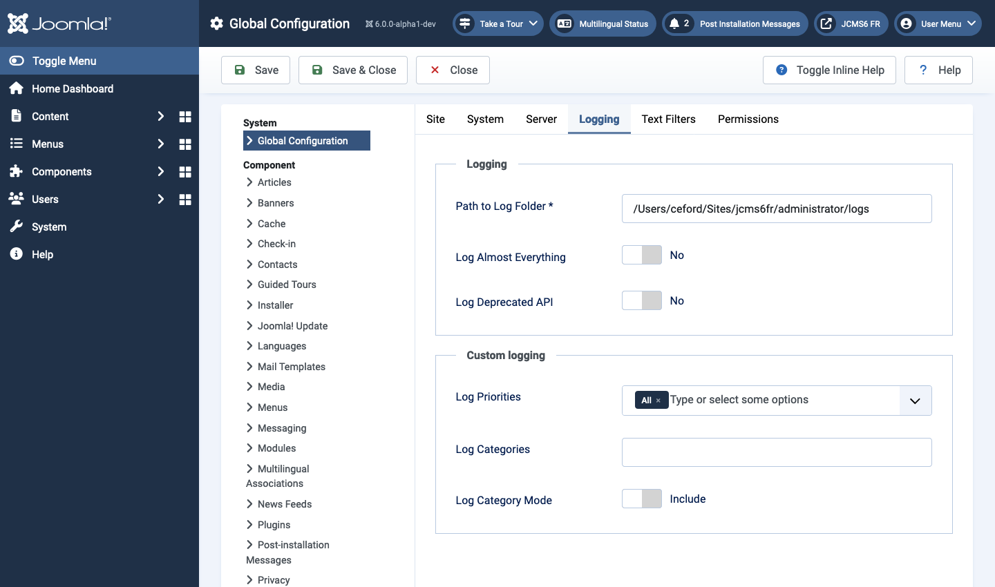 global configuration logging tab