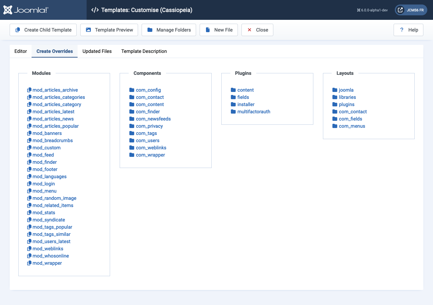 templates customise cassiopeia create overrides tab