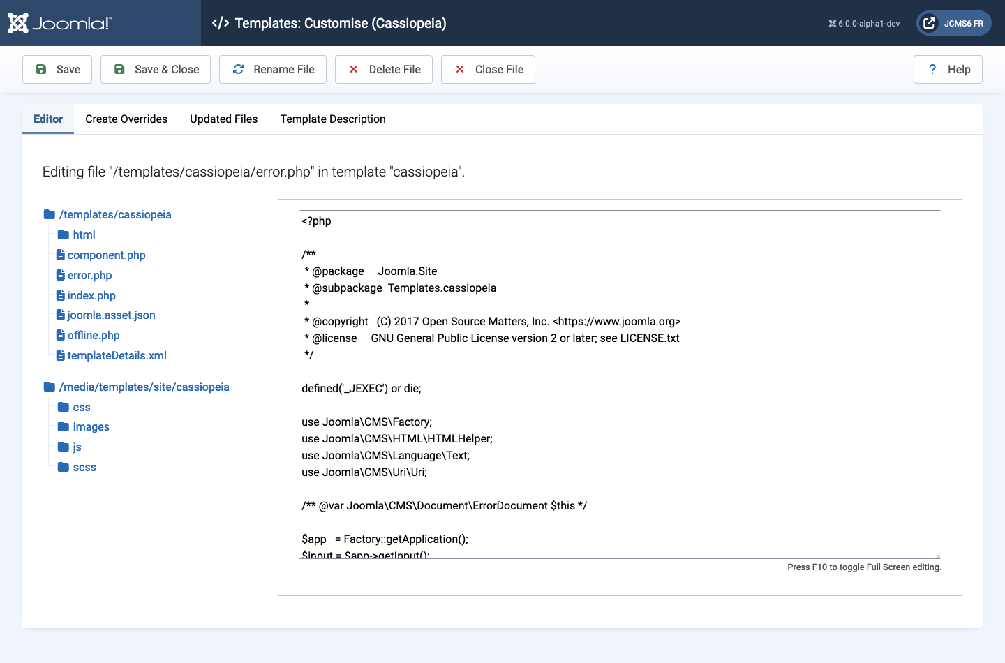 Templates customise cassiopeia editor tab