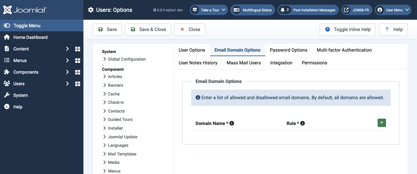 users options email domains tab