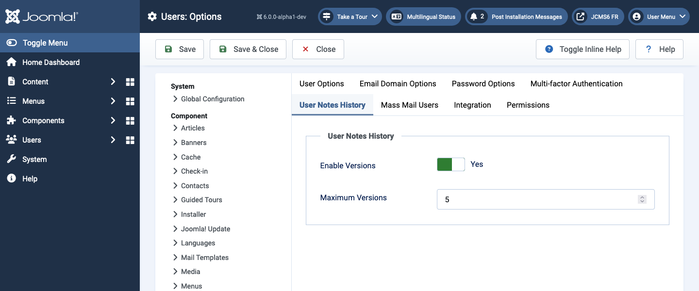 users options user notes history tab