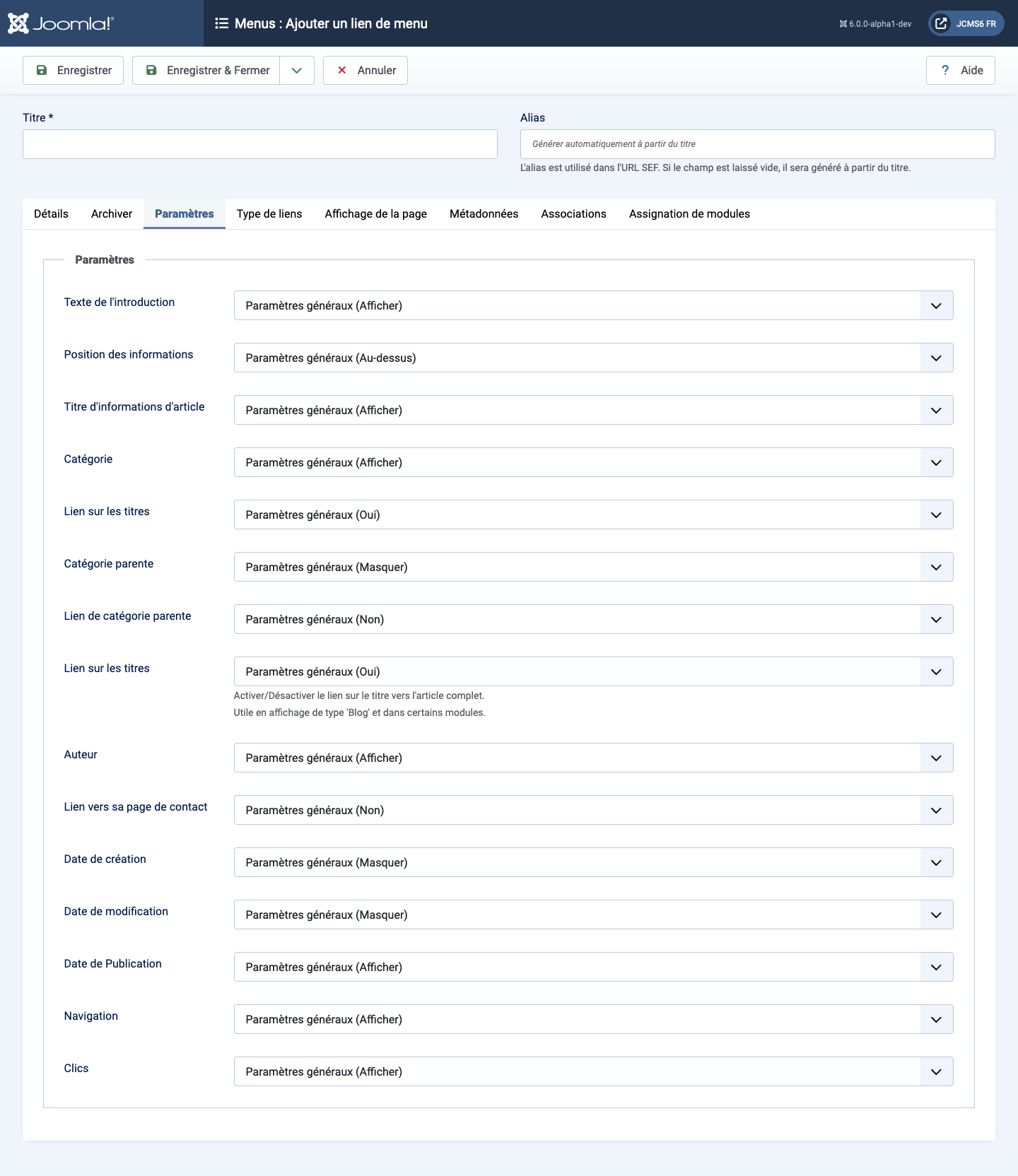 détails de l'élément du menu dans l'onglet