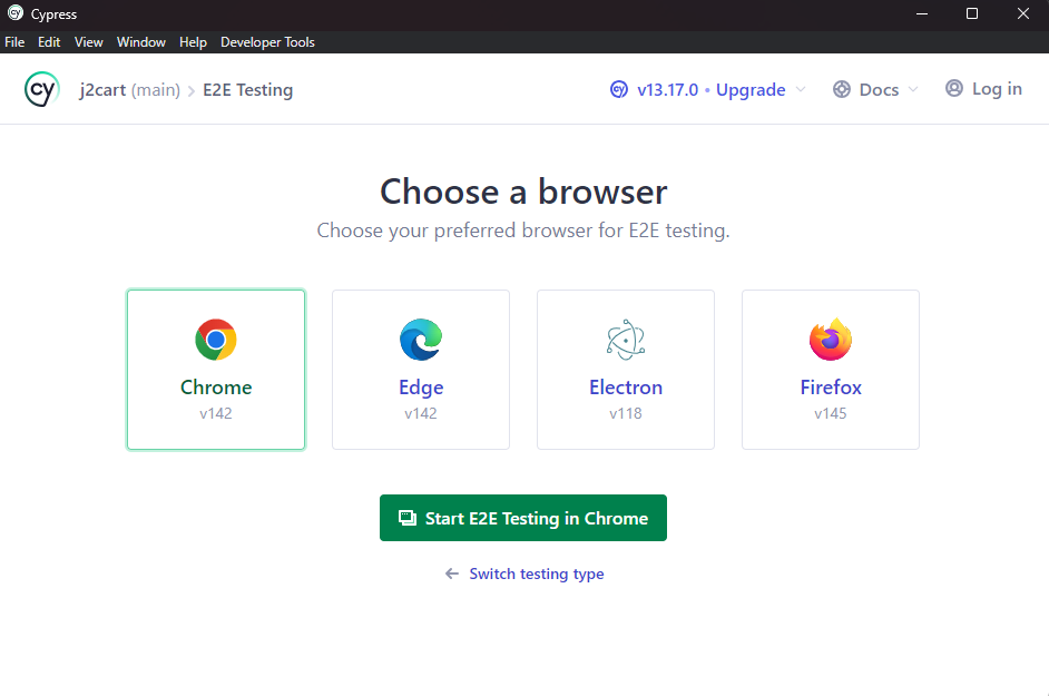 Cypress window, choose browser