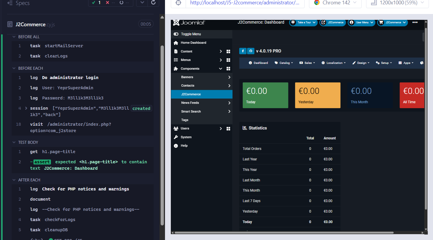 browser window with Cypress test for J2Commerce