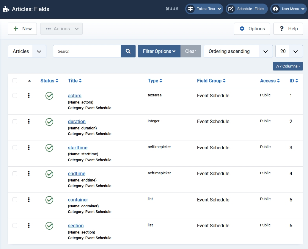 administrator articles fields list view