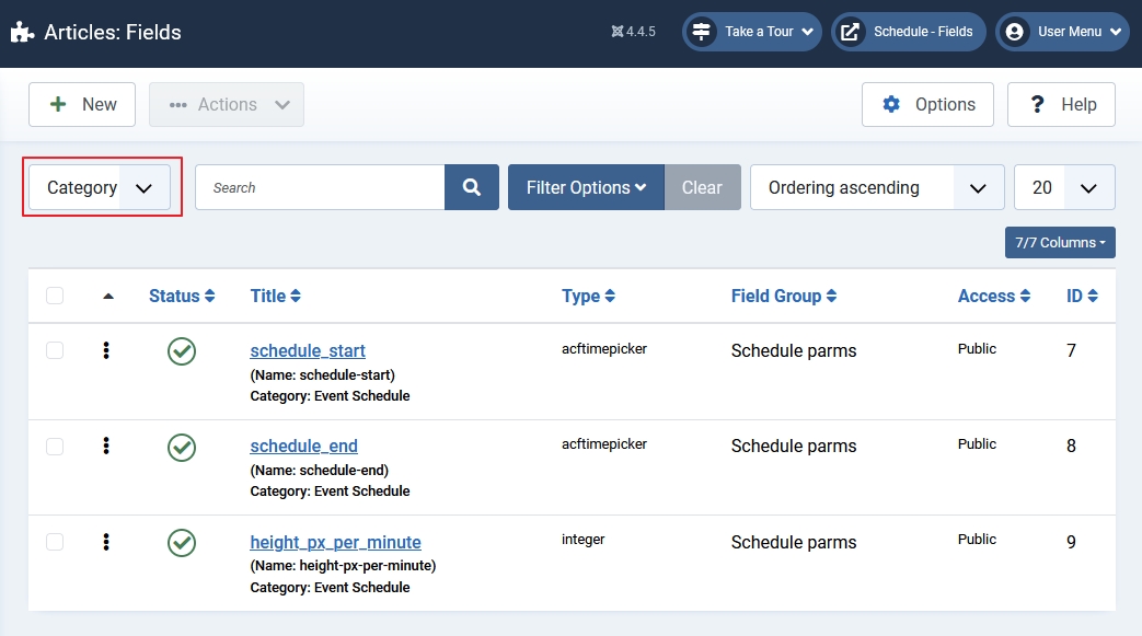 administrator category fields list
